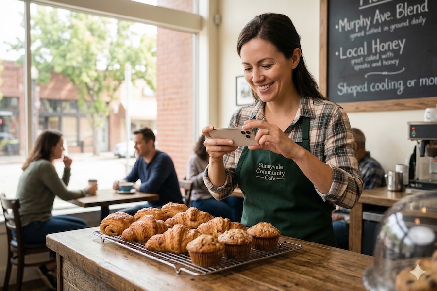 A baker taking photos of her baked goods in her store to post on social media.
