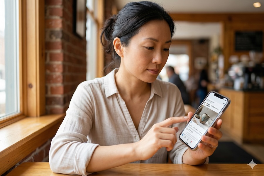 A 40-year old Asian woman is showing a post on her social media account and she is pointing at it, not clicking it.