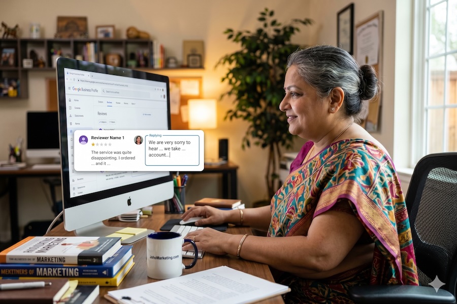 A small business owner on her computer responding to a negative review.