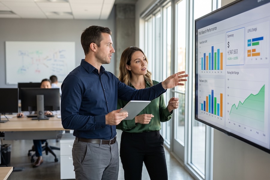 A man and woman looking at a chart on google ad performance.