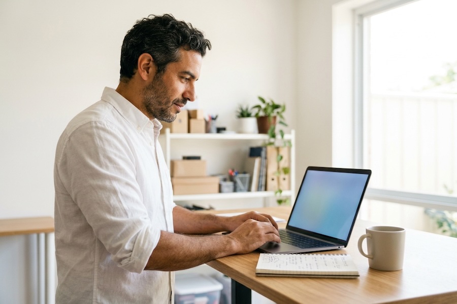 A small business owner is using AI on his laptop.